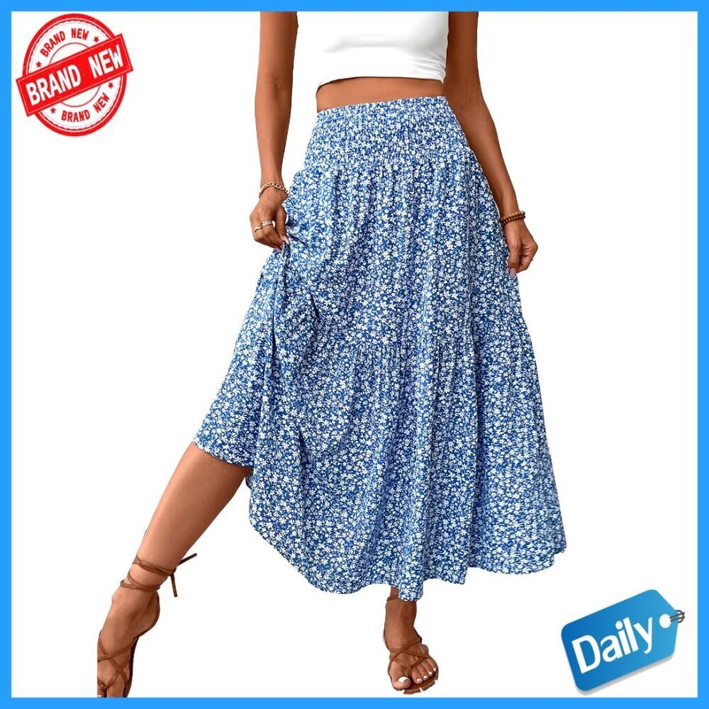 Smocked High Waist Maxi Skirt with Pockets, Flowy A-Line, Wrinkle-Resistant